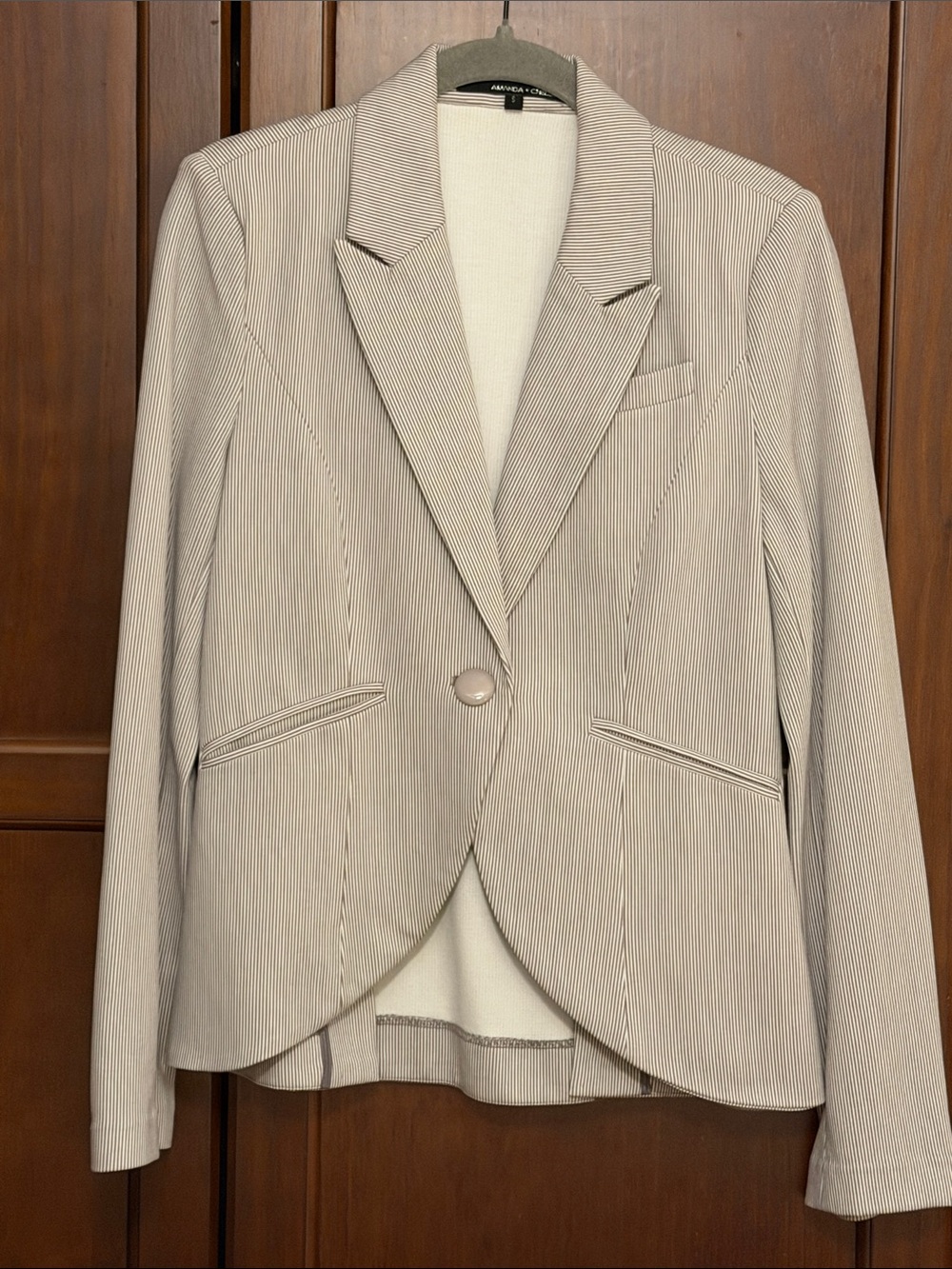 Amanda and Chelsea Tailored Women's Beige and White Pinstriped Blazer Small